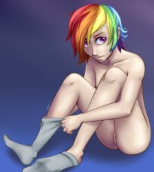 blue_background breasts closed_mouth color female female_only friendship_is_magic human long_hair looking_at_viewer my_little_pony nude partially_clothed purple_eyes rainbow_dash_(mlp) seven_nights simple_background sitting smile smooth_skin solo uncensored