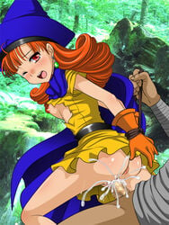 1girls alena_(dq4) blush bondage censored clothed_sex clothing cum dragon_quest dragon_quest_iv dress female girl_on_top sakura_hiiro small_breasts tagme torn_clothes