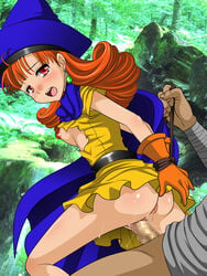 1girls alena_(dq4) blush bondage censored clothed_sex clothing dragon_quest dragon_quest_iv dress female girl_on_top sakura_hiiro small_breasts tagme torn_clothes