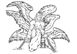 abs angemon bound digimon erection kneeling line_art male male_only monochrome muscles nude penis solo tagme