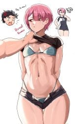 1boy 1boy1girl 1girls akihitoevon belly belly_button black_clothing black_hair bra breasts brown_eyes female lifting_clothing lifting_shirt male natsuki_subaru pink_eyes pink_hair pulling_up_shirt ram_(re:zero) re:zero_kara_hajimeru_isekai_seikatsu tight_clothes tight_shorts underwear visible_bra visible_underwear