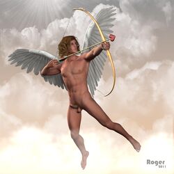 1boy aqua_eyes arrow average_sized_penis bow_(weapon) brown_hair curly_hair erect_nipples erection eros flying greek_mythology holding_weapon legs_apart long_hair male_only muscular_male mythology nude retracted_foreskin tagme tan_skin testicles wings