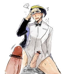 adjusting_glasses artist_request black_hair blush blushing bowtie butler censored darach disembodied_penis dress_shirt erect_penis erection gay glasses half-dressed hand_behind_back hand_on_glasses human human_only kokuran_(pokemon) legs_apart looking_at_penis male male_only mouth_open nervous pokemon precum simple_background suit sweat sweatdrop sweating trembling two_tone_fur white_background yaoi yellow_hair