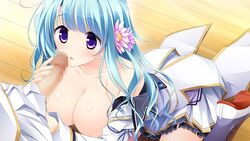 areolae blue_hair blush breasts caressing_testicles censored collarbone female flower game_cg hair_ornament jogasaki_kanade kimishima_ao large_breasts legs long_hair looking_up mitsu_king no_bra open_clothes open_mouth otome_ga_kanaderu_koi_no_aria penis purple_eyes shoes sitting skirt thighs wooden_floor zinno