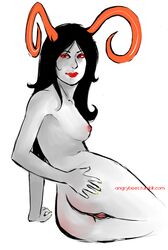 1girls angrybees black_hair breasts homestuck horns long_hair looking_back ms_paint_adventures naked nipples pussy red_eyes red_lips red_nipples solo spreading_pussy the_handmaid troll webcomic white_background white_skin yellow_nails