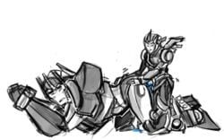 1boy 1girls 2d 2d_(artwork) arcee arcee_(prime) female femdom male monochrome optimus_prime partially_clothed pegging simple_background straight tagme transformers transformers_prime unknown_artist white_background