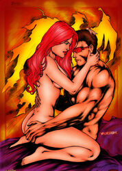 1boy 1girls ass barefoot brown_hair cyclops_(x-men) female green_eyes hand_on_ass jean_grey legs male marvel muscular_male nude phoenix phoenix_(x-men) red_hair scott_summers slickboy444 straight sunglasses thighs winchester01 x-men