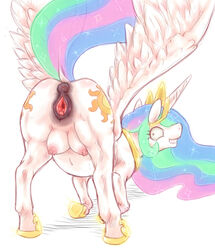 2013 alicorn anus ass bent_over big_crotchboobs crotchboob crotchboobs crown cutie_mark equine female feral friendship_is_magic gaping gaping_pussy grin horn horse looking_back my_little_pony nipples pony presenting princess_celestia_(mlp) pussy rigi solo wings