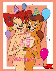 2girls anthro areola bear birthday_hat breast_press breasts busty cleavage disney female female_only fur furry goof_troop happy_birthday hoop_earrings jk mammal milf multiple_females peg_pete rebecca_cunningham symmetrical_docking talespin voluptuous yuri