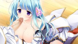 areolae blue_hair blush breasts caressing_testicles censored collarbone fellatio female flower game_cg hair_ornament jogasaki_kanade kimishima_ao large_breasts legs long_hair looking_up mitsu_king no_bra open_clothes oral otome_ga_kanaderu_koi_no_aria penis purple_eyes shoes sitting skirt thighs wooden_floor zinno