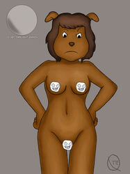 anthro arthur_(series) brown_hair brown_skin canine censored dog_ears dog_girl female furry hands_on_hips ms._albright naked nipple_censor nude solo twilight-envoy watermark