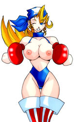 1girls antenna_hair bandana big_breasts blonde_hair blue_eyes boxing_gloves breasts capcom clothing curvy earrings eyebrows_visible_through_hair eyes_visible_through_hair female female_only front_view gloves light-skinned_female light_skin looking_at_viewer nipples one_eye_closed pointy_chin red_boxing_gloves red_gloves rival_schools sergevirusx solo star_earrings stockings teeth thick thick_thighs thighhighs thighs tiffany_lords topless wide_hips wink