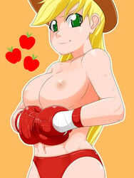 1girls alternate_version_available applejack_(mlp) apples blonde_hair boxing boxing_gloves breasts erect_nipples female female_only freckles friendship_is_magic gloves green_eyes hat human light-skinned_female light_skin lips long_hair looking_at_viewer mostly_nude my_little_pony nipples orange_background pale-skinned_female pale_skin panties pugilismx red_boxing_gloves red_gloves red_panties simple_background smile smooth_skin solo topless topless_boxing wide_hips