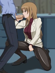 1boy 1boy1girl 1girls brown_eyes brown_hair clothed clothed_sex faceless_male fellatio female female_focus heels hetero office_lady oral oral_sex pantyhose penis penis_in_mouth penis_out rinne_no_lagrange squatting straight tagme unzipped_pants yoko_nakaizumi