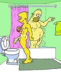 2boys after_shower aged_up artist_request balding bara bart_simpson bathroom beer beer_can chubby color dennis_clark facial_hair fat_man homer_simpson human large_penis looking_at_penis male male_focus male_only multiple_males multiple_penises nude peeing penis_size_difference rug shower small_penis standing stubble tanlines the_simpsons toilet toilet_use towel urinating urinating_male water_drop yellow_hair yellow_skin