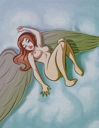 1girls brainiacx breasts dc dc_comics dcau female female_only green_eyes hawkgirl justice_league justice_league_unlimited long_hair nipples nude on_back orange_hair shayera_hol solo wings