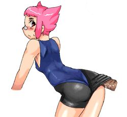 blush buttjob clothes clothes_penetration clothesjob color female hair human human_only kitsune-tsuki_(getter) looking_back male maylene_(pokemon) outercourse penis pink_hair pokemon pokemon_dppt straight