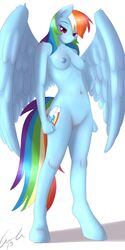 2015 anthro anthrofied areola blue_fur breasts cutie_mark equine female friendship_is_magic fur hair hi_res looking_at_viewer mammal matimus91 multicolored_hair my_little_pony navel nipples pegasus pink_eyes plain_background pussy rainbow_dash_(mlp) rainbow_hair smile solo straight_hair white_background wings