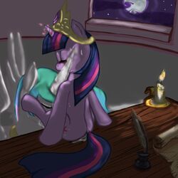 2girls alicorn ass bloodkiaser923 equine female friendship_is_magic horn ink moon moonlight my_little_pony princess_celestia_(mlp) purple_body purple_skin pussy pussy_juice qwill scroll straight_hair sweat tail twilight_sparkle_(mlp) unicorn wings yuri