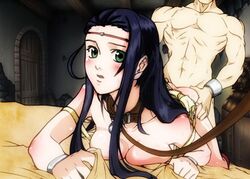 1boy artist_request bed black_hair blush body_blush bracelet breasts cleavage clothing collar female from_behind green_eyes jewelry jillia_blight leash long_hair lying male medium_breasts sex straight suikoden suikoden_ii tiara