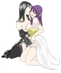 2girls athena_(saint_seiya) bare_shoulders black_hair breasts closed_eyes dress dress_lift female femdom fingering garter_straps goddess human kneeling legs licking lingerie lips lipstick long_hair multiple_girls nipples open_mouth pale-skinned_female pale_skin pandora_(saint_seiya) panty_pull pink_panties purple_hair saint_seiya saori_kido shounen_jump sideboob specters thighhighs thighs tongue underwear villainess yuri