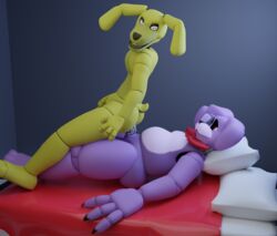 2boys 3d anal_sex animatronic anthro artist_request ass blanket blender bonnie_(fnaf) bowtie cum cum_in_ass cum_inside ears_down ejaculation eyes_half_open five_nights_at_freddy's five_nights_at_freddy's_3 furry gay half-closed_eyes looking_back male male_only metal_penis on_bed open_mouth penetration penis pillow purple_fur sex spread_legs springtrap springtrap_(fnaf) tagme yellow_fur