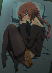 blush bow braid clothed_masturbation clothes_sniffing clothing darker_than_black feet female green_eyes long_hair masturbation nagisa_manoa pantyhose ponytail red_hair single_braid skirt solo suou_pavlichenko tied_hair