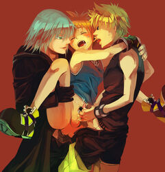 3boys anal blonde_hair blush bottomless brown_hair closed_eyes disney fingerless_gloves frottage gay group_sex handjob hold kingdom_hearts male male_only multiple_boys nobody_(kingdom_hearts) open_mouth penis penises_touching riku roxas saliva selfcest short_hair silver_hair sora spread_legs square_enix sweat testicles threesome tongue yaoi