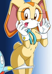 breasts chao_(sonic) cheese_the_chao clothes cream_the_rabbit female furry interspecies mammal nagano_tenzen nude panties rabbit sega size_difference small_breasts sonic_(series) standing straight_hair tagme tail tenzen topless underwear