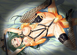 arms_up blush bondage breast_grab breasts censored collar fishnets green_hair high_heels leather lolita_channel my-hime nipples okuzaki_akira open_mouth penis pussy red_eyes red_hair sex shoes small_breasts spreader_bar stockings teeth