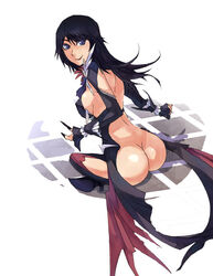 1girls ass black_hair blue_eyes breasts emilia_giannino granado_espada highres kneeling knife long_hair looking_back no_panties panties penguin_caee raised_eyebrow reckless_emilia_(granado_espada) sideboob sitting smile solo stuffed_animal stuffed_toy sweat thong underwear