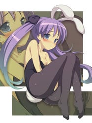 1girls animal_ear blue_eyes blush breasts bunny_ear bunnysuit clothed_masturbation clothing collarbone feet female female_only hair_ribbon human kagami_hiiragi legs light_smile long_hair lucky_star masturbation munashi_mujou pantyhose purple_hair ribbon shy solo tied_hair twintails zoom_layer