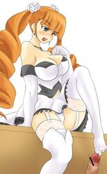 arcana_heart arcana_heart_2 bar_censor big_breasts breasts censored cleavage clothed_female feet female footjob footjob_with_legwear garter_belt garter_straps large_breasts male momio orange_hair panties penis petra_johanna_lagerkvist pixiv_thumbnail resized underwear