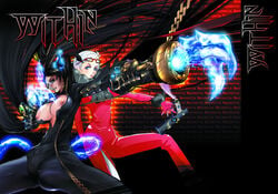 2girls bayonetta bayonetta_(character) beauty_mark black_hair blue_eyes bodysuit breasts chains eyeshadow female glasses gun hair jeanne_(bayonetta) long_hair makeup mole mr_pavlov multiple_girls nipples red_ribbon ribbon sega short_hair tomotsuka_haruomi unzipped weapon white_hair