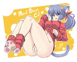 :p animal_ears anus ass blue_eyes boots bottomless breasts butter-t cat_ears cat_tail female food hair_ornament hair_ribbon hairclip impossible_clothes large_breasts long_hair looking_at_viewer navel nikuman original ponytail purple_hair pussy ribbon solo tail tied_hair tongue tongue_out uncensored