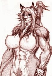 abs animal_ears breasts chinbotsu erect_nipples furry large_breasts muscle muscular_female perky_breasts ponytail pubic_hair pussy sketch tied_hair wolf