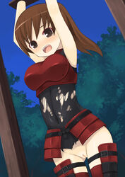 armor blush bondage brown_eyes brown_hair censored character_request highres kagura_mizuki pussy source_request spoils_of_war stocks tears