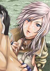 blue_eyes blush cholesenel cum cum_on_clothes eclair_farron facial female final_fantasy final_fantasy_xiii fingerless_gloves gloves handjob hope_estheim long_hair looking_up male penis pink_hair sleeveless sleeveless_turtleneck trenchcoat turtleneck uncensored