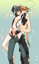 anal animal_ear barefoot bitte black_hair blue_eyes brown_hair censored gag long_hair male open_clothes open_shirt pants_around_one_leg penis sex shirt standing undressing yaoi