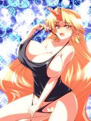 blonde_hair breasts camisole horn horns hoshiguma_yuugi huge_breasts lingerie long_hair naughty_face panties pointy_ears pussy red_eyes touhou tro uncensored underwear