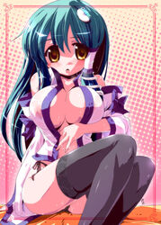 breasts cleavage clothes color detached_sleeves erect_nipples female female_only frog front_view hair hair_ornament japanese_clothes large_breasts long_hair looking_at_viewer miko miuku_(marine_sapphire) open_clothes open_mouth open_shirt panties pantyshot pussy_juice sanae_kochiya shirt sitting snake solo teal_hair thighhighs touhou underwear yellow_eyes