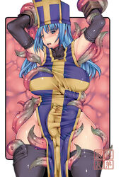 ambiguous_penetration blue_eyes blue_hair blush breasts clothing covered_penetration dragon_quest dragon_quest_iii dress female female_only gloves hat human implied_penetration implied_sex medium_breasts priest_(dq3) red-rum sex_under_clothes sex_under_dress solo_focus stockings tentacle tentacle_under_dress tentacles_under_clothes thighhighs uncensored