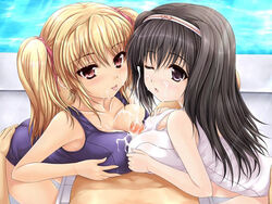 2girls artist_request ass_grab black_hair blonde_hair blush breasts censored character_request cleavage cum cute double_paizuri female huge_breasts male multiple_females paizuri penis purple_eyes red_eyes smile source_request straight swimsuit uni8 wink