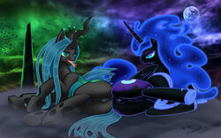 alicorn anus arareroll ass blue_eyes blue_hair changeling crotchboobs cutie_mark dark_persona duo equine female friendship_is_magic furry green_eyes green_hair hair horn horse moon my_little_pony navel nightmare_moon_(mlp) nymph pony presenting princess_luna_(mlp) pussy queen_chrysalis_(mlp) royalty villain villainess wings