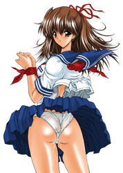 ass blush bound_wrists brown_eyes brown_hair from_behind hair_ribbon kino_hitoshi looking_back panties pussy_juice ribbon school_uniform serafuku underwear wedgie white_panties wind_lift