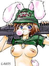 1girls bandaid bandaids_on_nipples blue_eyes breasts brown_hair bubble bubble_gum bunny_ear bunny_tail color copyright_request dog_tags gun hair headgear helmet maguta military pasties shirt_lift tail weapon white_background