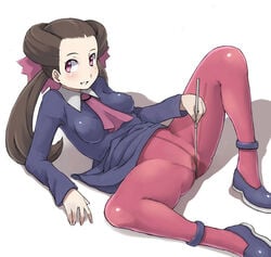 00s 1girls blush breasts brown_hair chiwino clitoris clothed_masturbation clothing crotch_rub female flat_shoes flats gym_leader hairbow human human_only impossible_clothes impossible_clothing impossible_shirt latex legs light-skinned_female light_skin long_hair mary_janes masturbation nintendo no_panties panties pantyhose pink_eyes pink_legwear pink_pantyhose pokemon pokemon_rse pubic_hair pussy roxanne_(pokemon) shirt simple_background solo spread_legs straight_hair teacher tied_hair twintails uncensored underwear wet wet_panties white_background