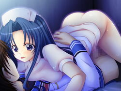 :p artist_request ass black_hair blue_eyes blue_hair blush breasts censored character_request cleavage nurse penis pussy sex source_request