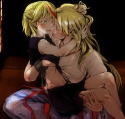 blonde_hair blush bow chains clothes color cuffs daken_(artist) dark eye_contact female female_only green_eyes hair hairbow holding horn hoshiguma_yuugi indoors jingo_kajiki kango_kajiki kissing long_hair looking_at_another mizuhashi_parsee multiple_females mutual_yuri oni pointy_ears red_eyes ribs saliva shackles shirt_lift short_hair sitting skinny skirt sleeveless t-shirt tongue touching touhou wince yuri