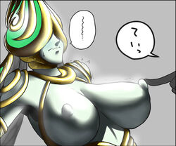 bayonetta big_breasts breasts erect_nipples female huge_breasts joy_(bayonetta) large_breasts large_nipples monster_girl nipples poke sega simple_background solo spacezin sweatdrop trembling wavy_mouth white_skin